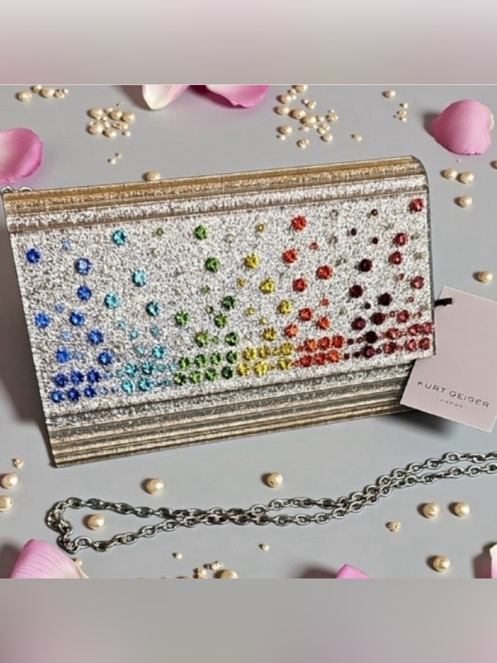 NWT Kurt Geiger London Party Glitter Envelope Clutch Rainbow Crystals Silver